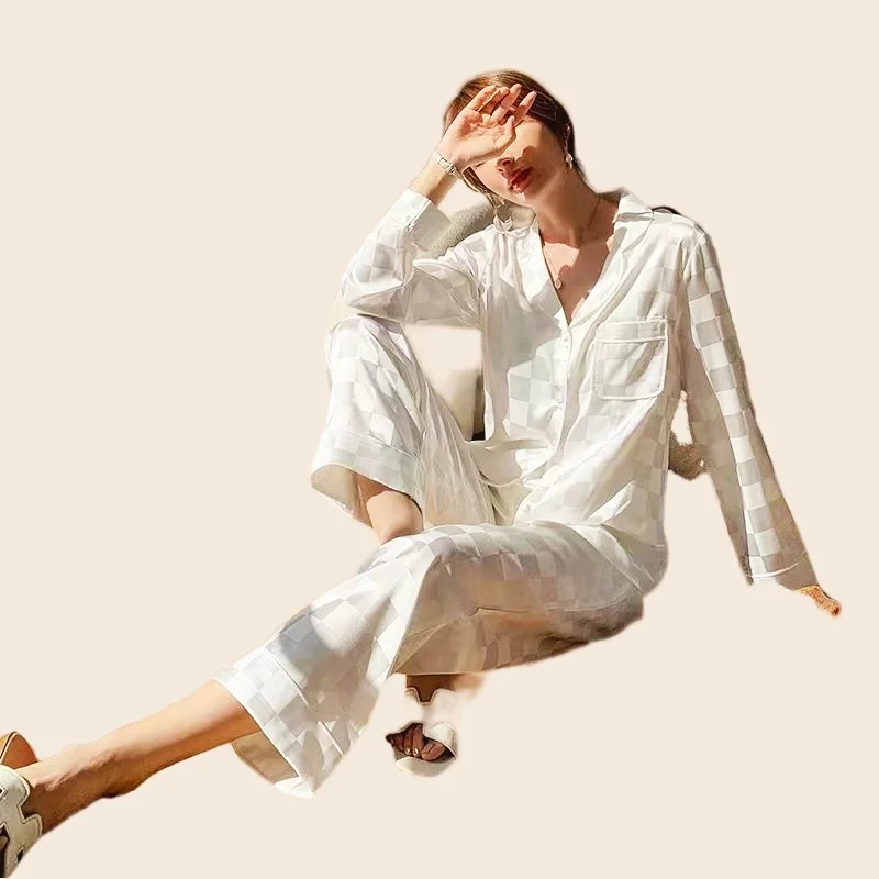 Women's Pajamas Set Full Sleeve T-shirt Long Pants 2Piece/Set Summer Sexy Rayon Pyjama Big Size Homewear Cozy Plus Fashion