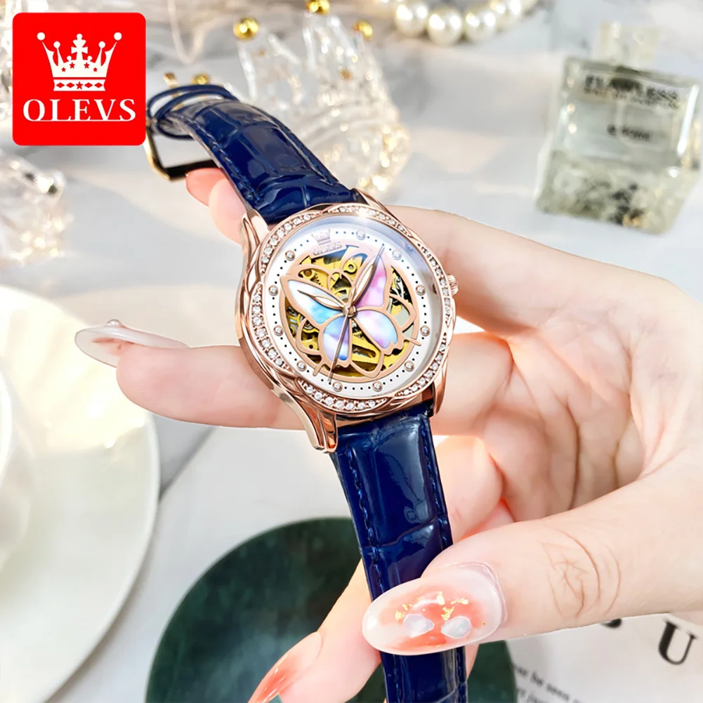OLEVS Women's Watches Luxury Diamond Automatic Mechanical Watch for Woman Blue Leather Waterproof Ladies Watch Montre Femme