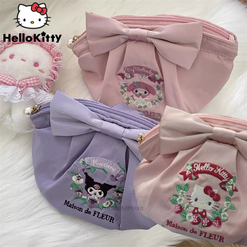 

Sanrio Hello Kitty Embroidery Makeup Storage Bag Kuromi Melody Handbag Clutch Bag Cute Shell Bag For Girl Female Shopping Bag