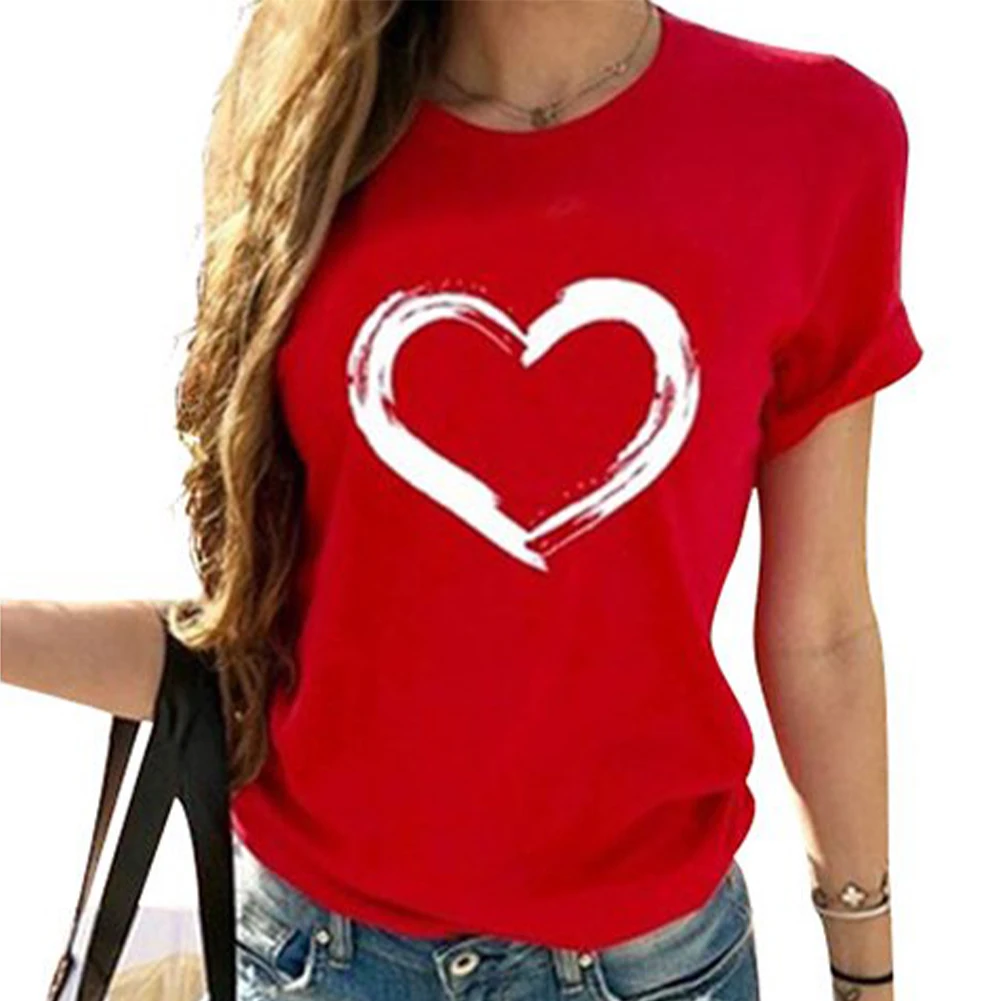 

Summer Bat Sleeve Gift Home Office Daily Heart Pattern Breathable Round Neck Casual Wear Resistant Polyester Women T Shirt Soft