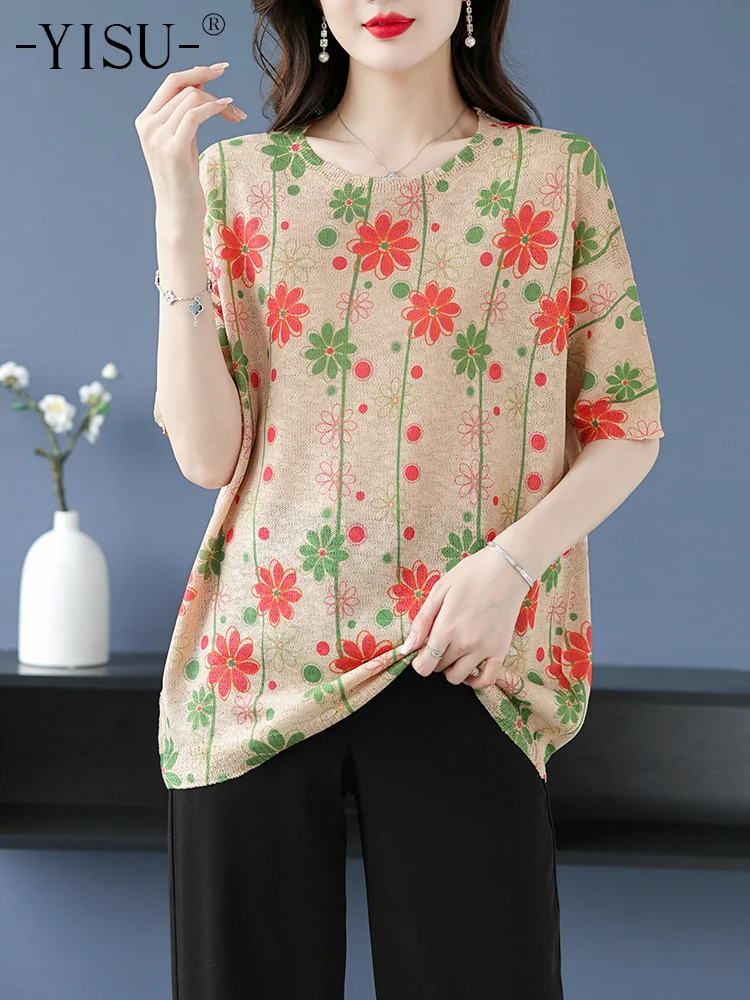 

YISU Oversize Knitted T-Shirt 2023 Summer Women Print Tops Short Sleeve Jumper Loose Casual Pullove Fashion Women T-Shirt