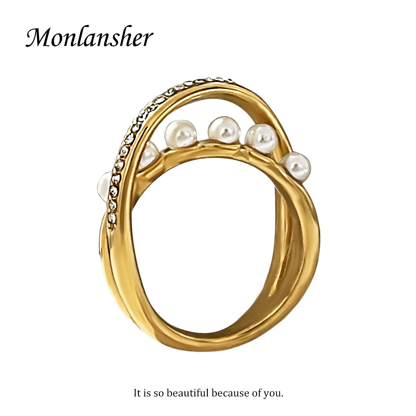 

Monlansher Delicate Rhinestones Pearl Cross Rings Women Chic Stainless Steel 18 K PVD Plated Ring Wedding Jewelry Not Fade