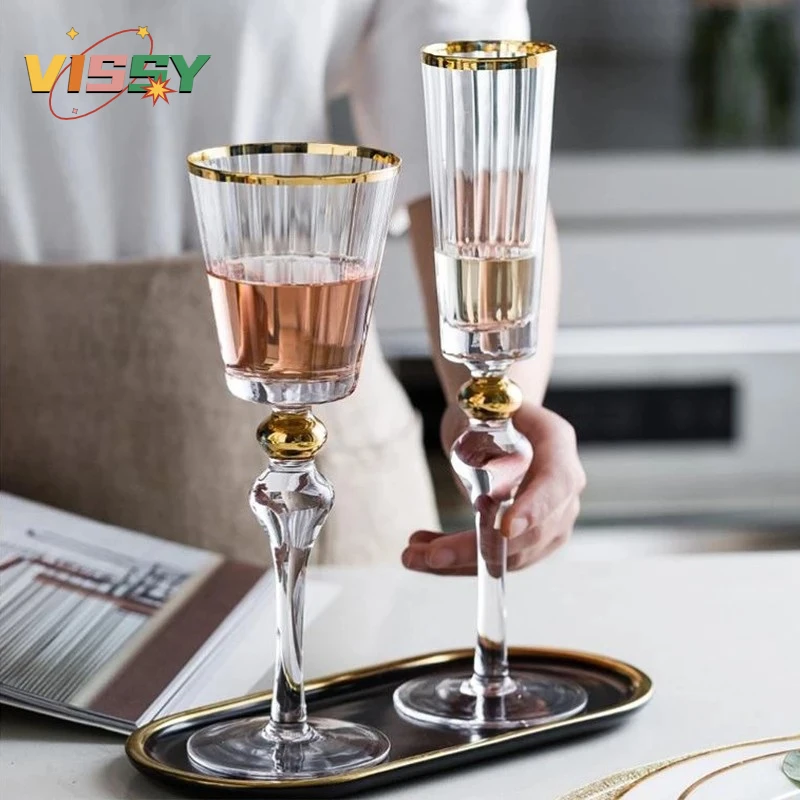 

2PCS European Ripple Gold Glass Cup Red Wine Glass High Quality Goblet Champagne Cup Palace Restaurant Crystal Wine Drinkware