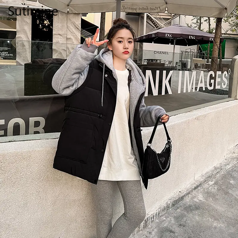 Winter Clothes Women Office Lady Button Loose and Fake Two-piece Thick Hooded Patchwork Coat Pockets Zipper  Coat Women