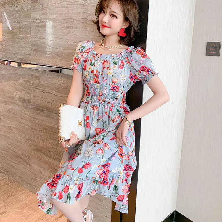 

Женские шифоновые платья с цветочным принтом, летние элегантные платья-миди с круглым вырезом и высокой талией, модель Q80, 2022