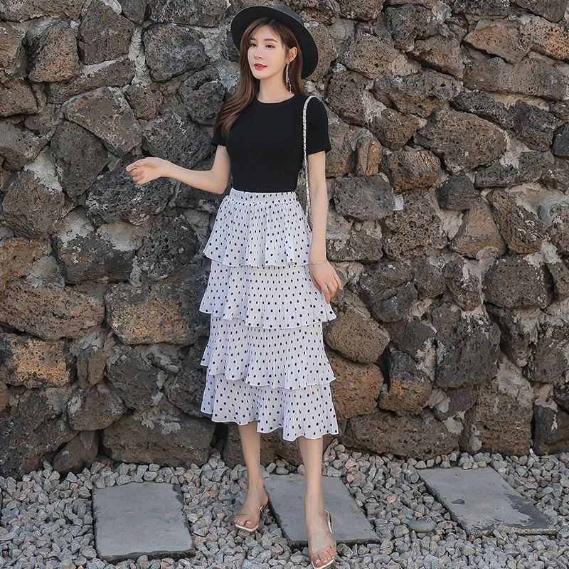 

Женская длинная Плиссированная юбка, Повседневная шифоновая юбка с волнистыми точками и эластичным поясом, весна 2022