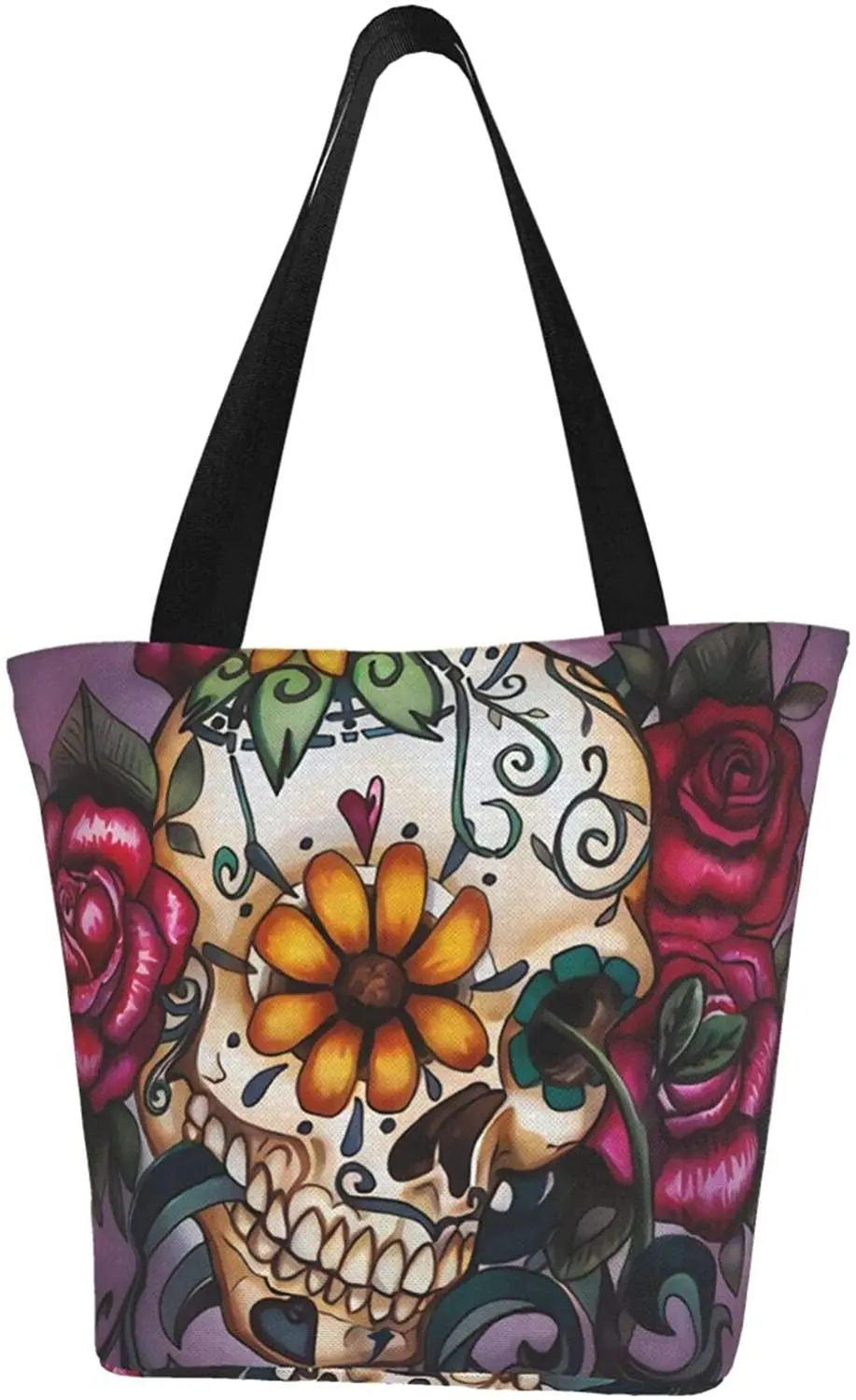 

Sugar Skull and Flowers Canvas Tote Bag Large Women Casual Shoulder Bag Handbag Reusable Multipurpose Bag for Shopping Outdoors