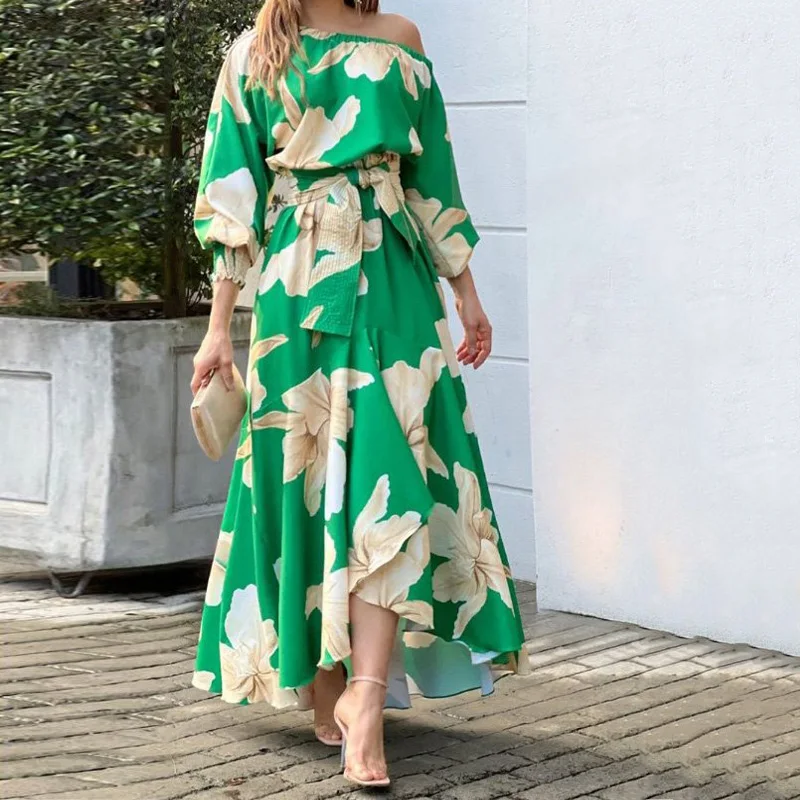 SpringWomen Maxi Dress Fashion Casual Floral Print Lantern Long Sleeve Lace Up Sloping Shoulders Dresses High Streetwear