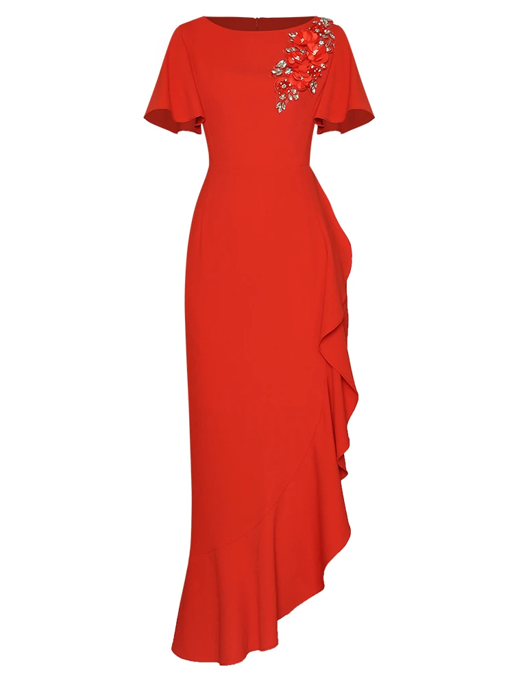 

High Quality Women's Spring Summer New Designer Fashion Vintage Elegant Chic Casual Party Diamonds Gorgeous Irregular Midi Dress