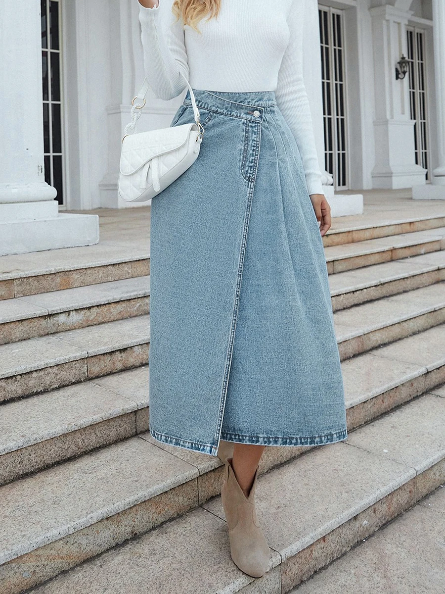

Women Denim Skirt High Waist Pleated A-line Skirt Summer Autumn Elegant Long Slit Skirt for Casual Daily Streetwear