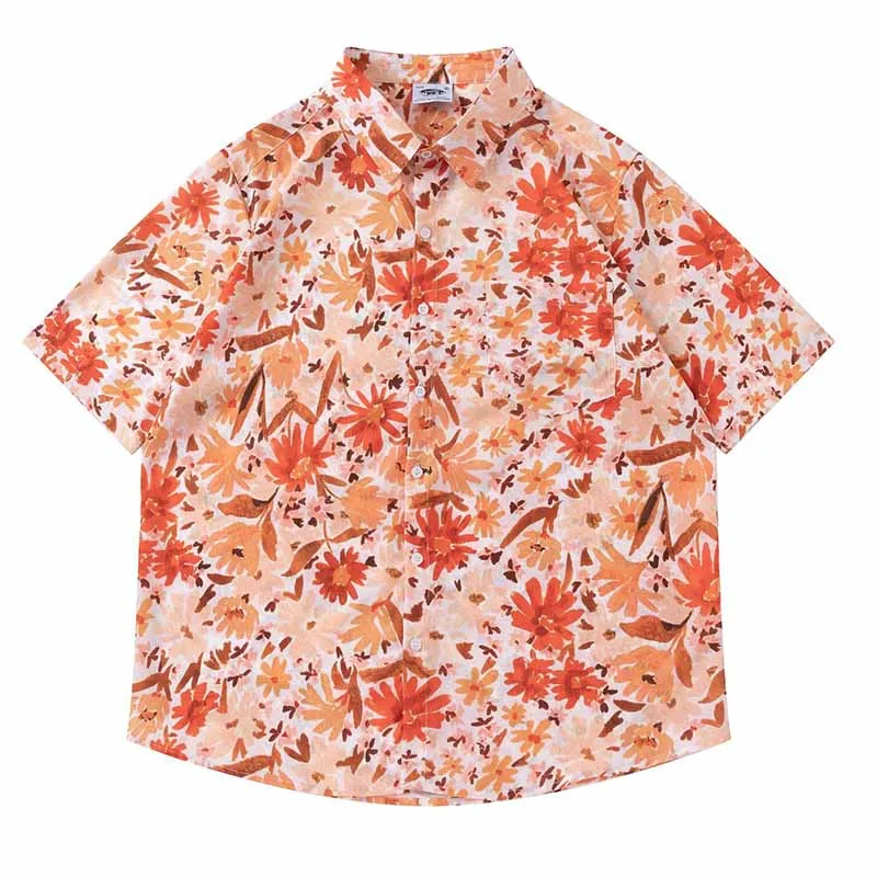 

2022 Summer Men Oversized Streetwear Casual Shirts Hawaii Short Sleeve Button Up Blouse Printed Loose Fit