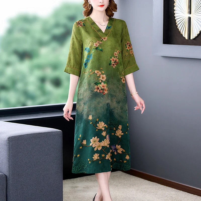 Summer 2022 V-Neck Printed Mulberry Silk Green Dress Plue Size Loose Dress Elegant Party Vestidos Boho Vintage Midi Dress