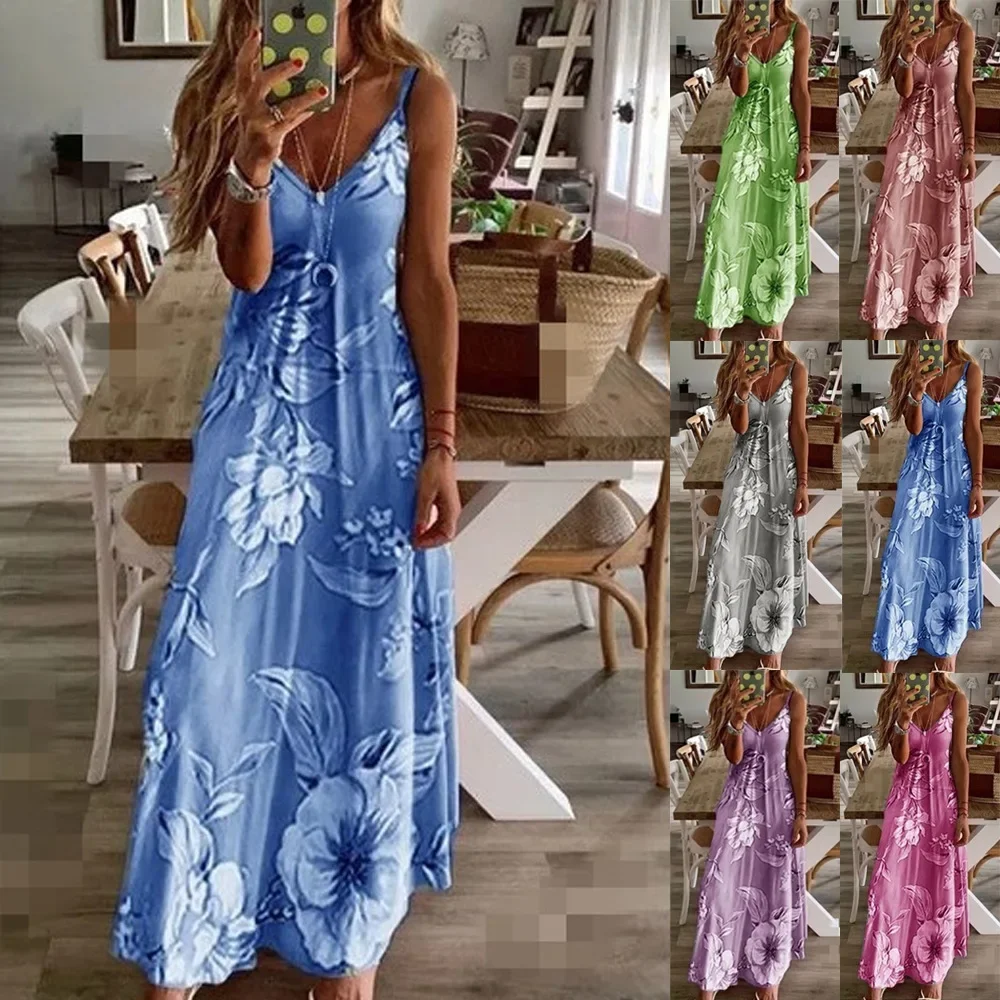 

Lady Spring Summer Dress Floral Print V-Neck Strap Long Dresses Casual Bohemian Sleeveless Women Summer Beach Travel Party Wear
