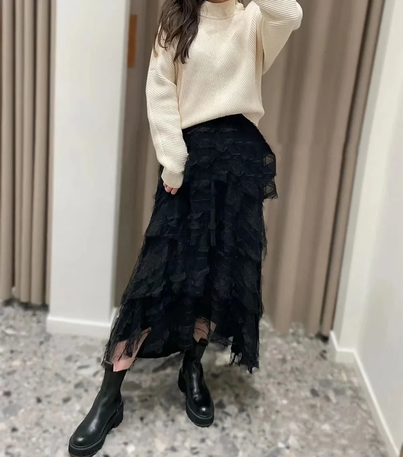 

Women Crepe Mesh Lace Cascading Ruffles Cake Elastic Waist Irregular Skirt