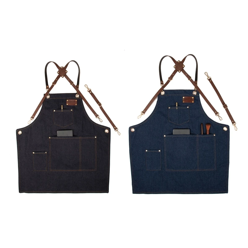 

Kitchen Cooking Apron with Pockets Waterproof Denim PU Cross Back Bib