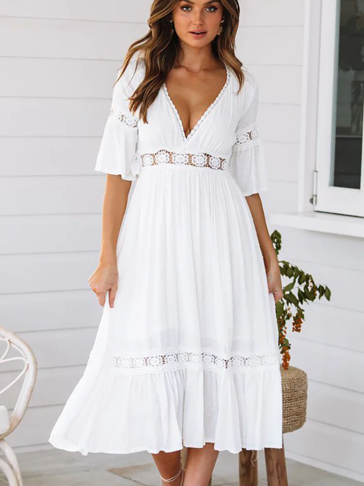 Женское платье с коротким рукавом белое повседневное длинное V-образным вырезом