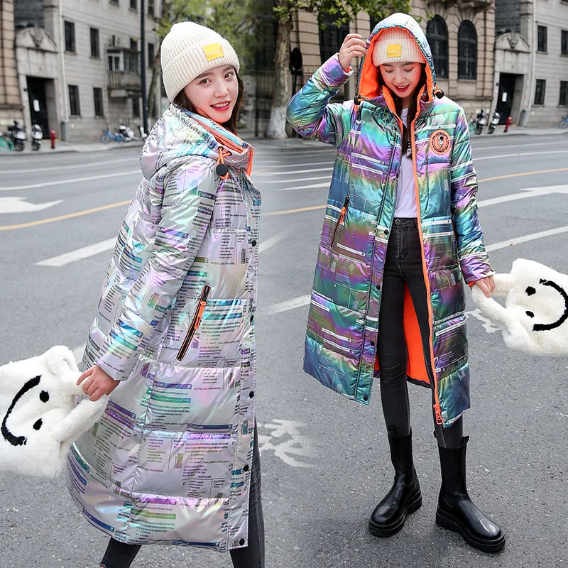 Glossy Large Rainbow Newspaper down Cotton-Padded Coat for Women Long Hooded Overknee Thickened New Winter 2022