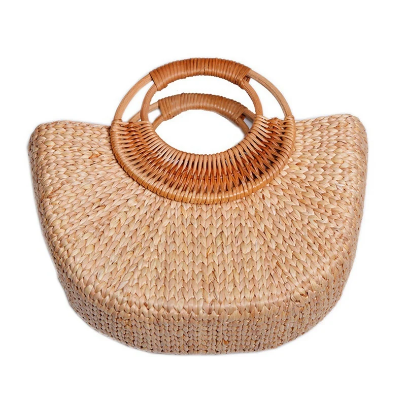 

Fashion Half Moon Rattan Women Handbags Bamboo Handle Handbags Wicker Woven Summer Beach Straw Bag Women Basket