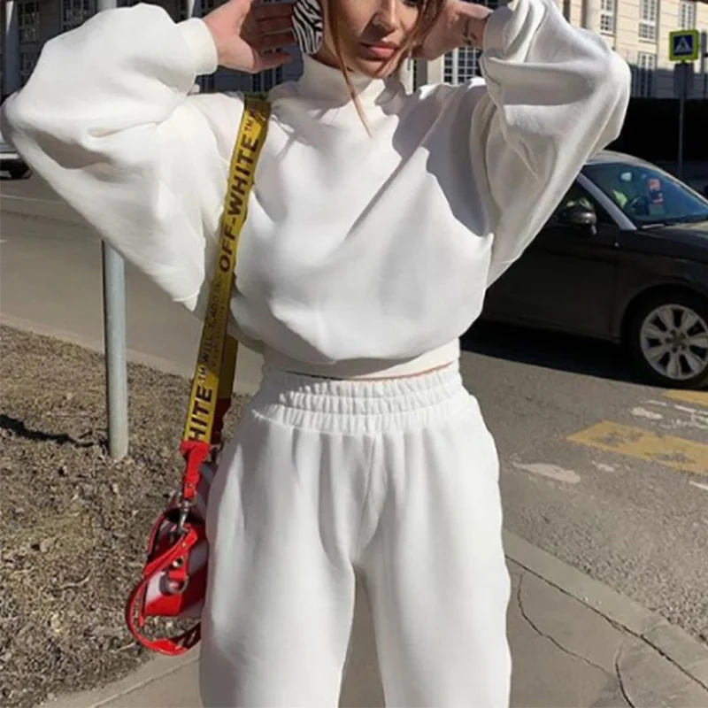

Women Casual Fleece Two Piece Set 2021 Autumn Oversize Tracksuit Long Sleeve Turtleneck Cropped Sweatshirt And Pencil Pant Suit