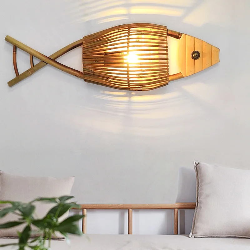 

Подвесной светильник из ротанга ручной работы, дизайнерская винтажная лампа для столовой, кухни, бара, рыбы, деревянная бамбуковая плетеная...