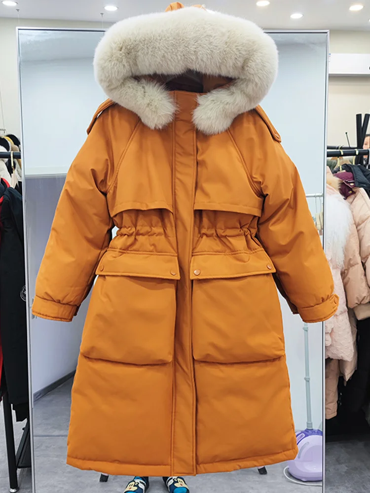

Fitaylor Winter Real Fur Hooded Jacket 90% White Duck Down Coat Casual Big Pocket Thick Parkas Loose Jackets Warm Snow Outwear