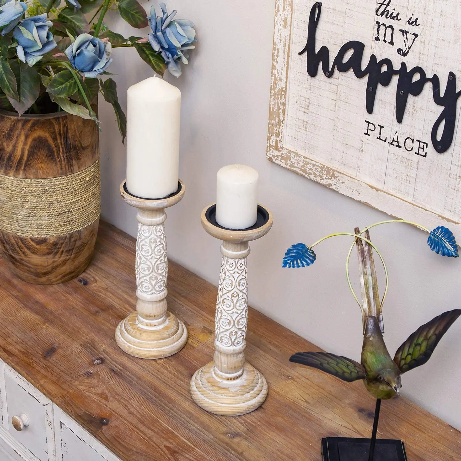 

Farmhouse Candle Holder Set of 2 -Decorative Wood Pillar Candle Stand, Mantle Home Decor Centerpieces for Fireplace