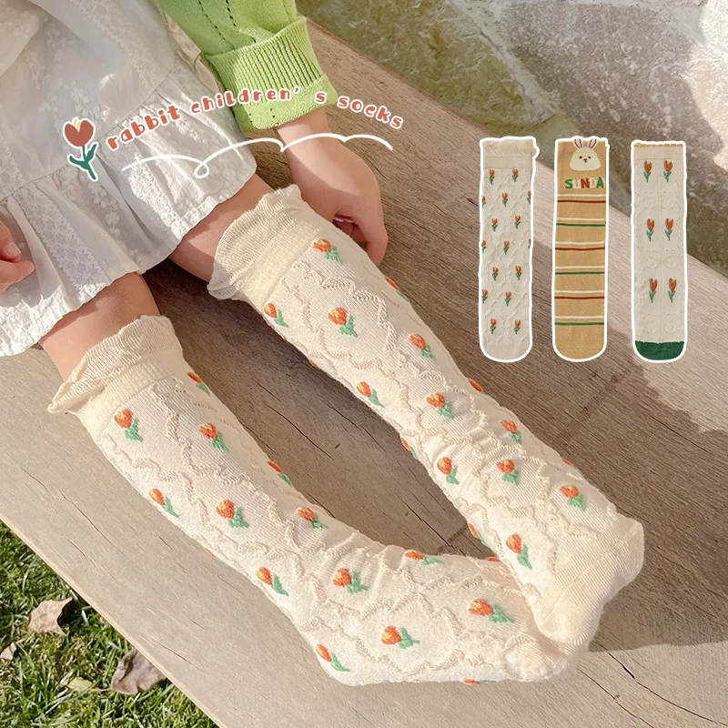 3 Pairs New Girls Boys Cartoon Flower  Baby Socks Kids  Knee High Long Soft Cotton  Stripped Children Stocking School Clothes