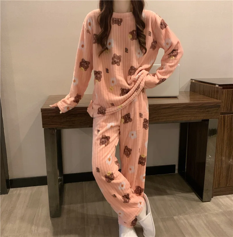Ladies Pajama Sets Thicken Autumn And Winter Keep Warm Nightgown Comfortable Soft Sleepwear Suit Cute Style Pocket Design