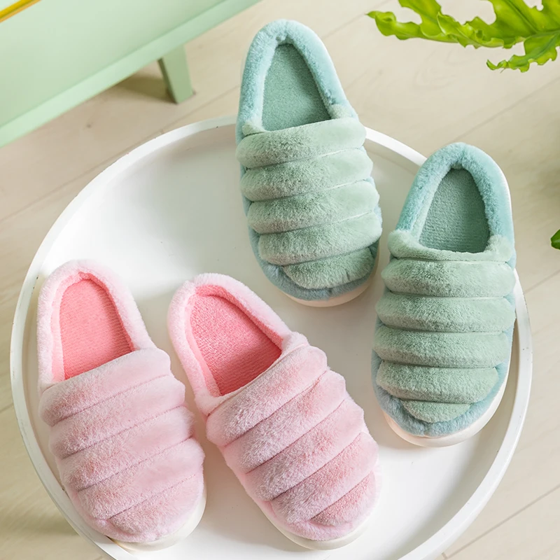 

Winter Indoor Women Slippers House Plush Soft Cotton Simple Striped Design Non-slip Floor Shoes Home Couple Slides For Bedroom