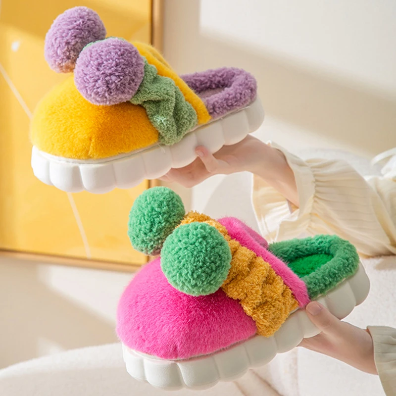 

Cute Candy Color Fur Ball Warm Plush Women Slippers Home Fur Platform Indoor Couple Shoes Cotton Clouds 2022 Woman Slippers