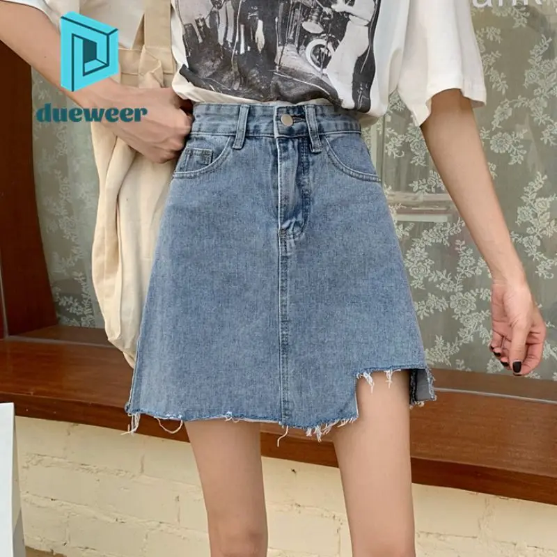 

Женская джинсовая мини-юбка с высокой талией DUEWEER, модная трапециевидная черная короткая юбка с запахом на бедрах в Корейском стиле Харадзю...