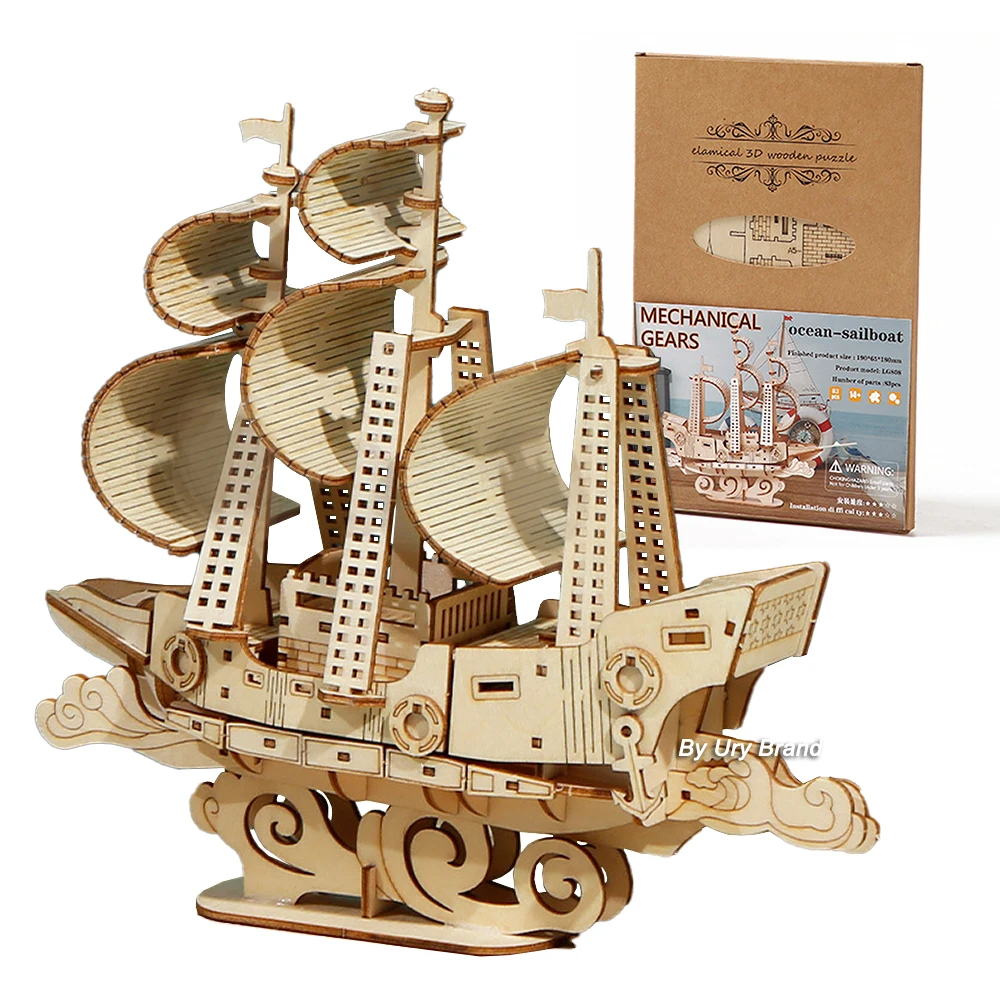 

DIY 3D Wooden Puzzle Sailboat Shipping Retro Style Model Kits Toys for Children Hand Assembly Set Home Desktop Decoration Gifts