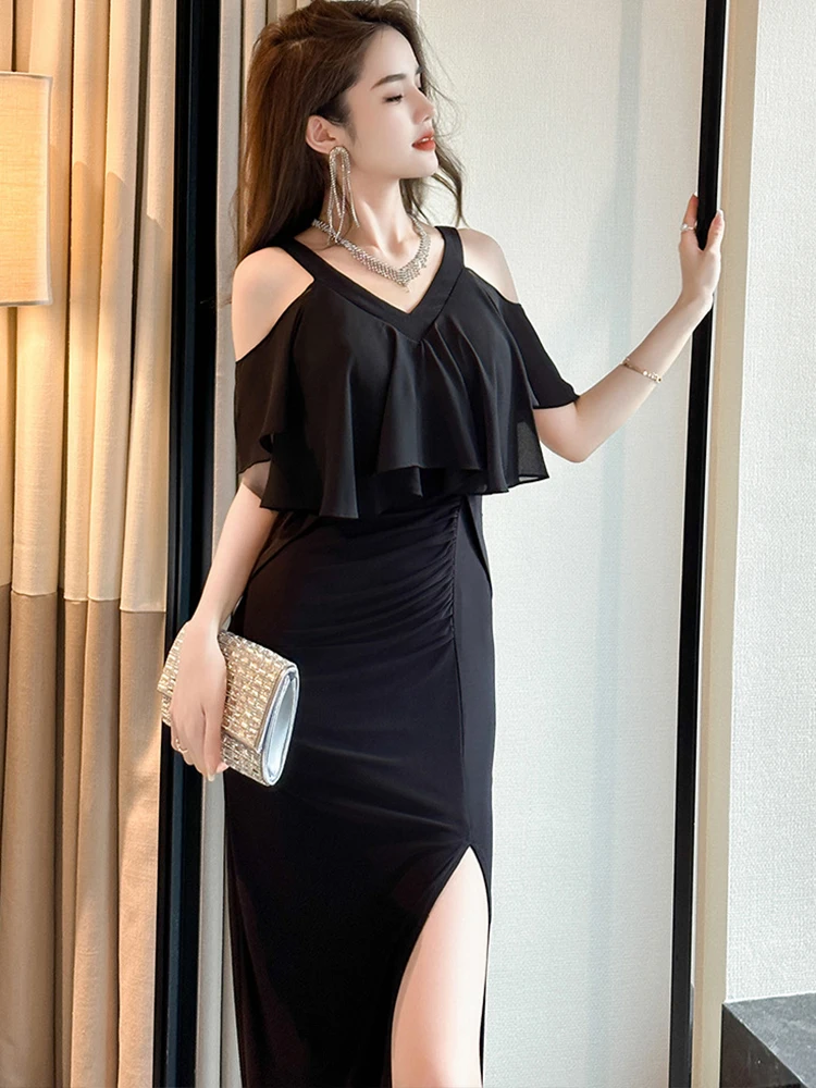 

Женское платье-макси в стиле ретро, с открытыми плечами и оборками