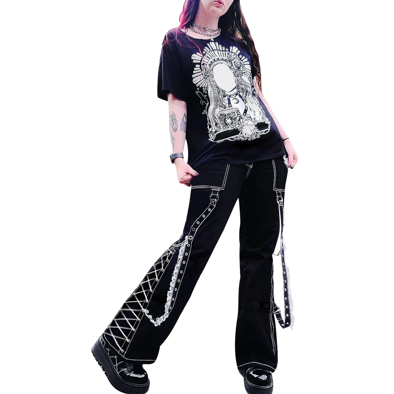 

Women Lace Patchwork Jeans Adults Casual Straight-leg Denim Pants with Ribbon Chain