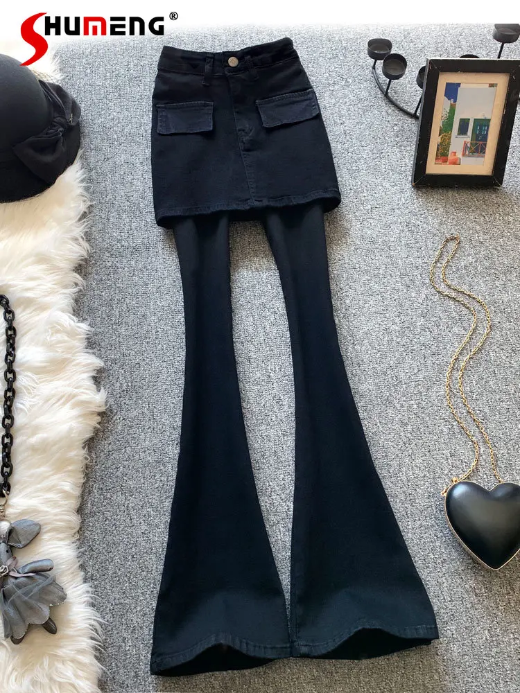 Woman Pantskirt Fake Two-Piece Skinny Jeans Black 2022 New Women's Autumn Girl Hip Skirt High Waist Slim Denim Bootcut Trousers