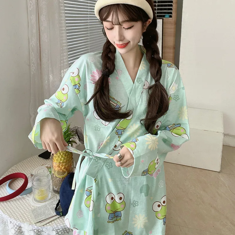 Japan Kimono Pajamas for Women Spring Autumn Pyjama V Neck Big Eyes Frog Cartoon Homesuit Long Sleeve Sleepwear Kawaii Nightwear