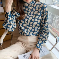summer new womens blouses chiffon long sleeve top casual fashion loose print shirts