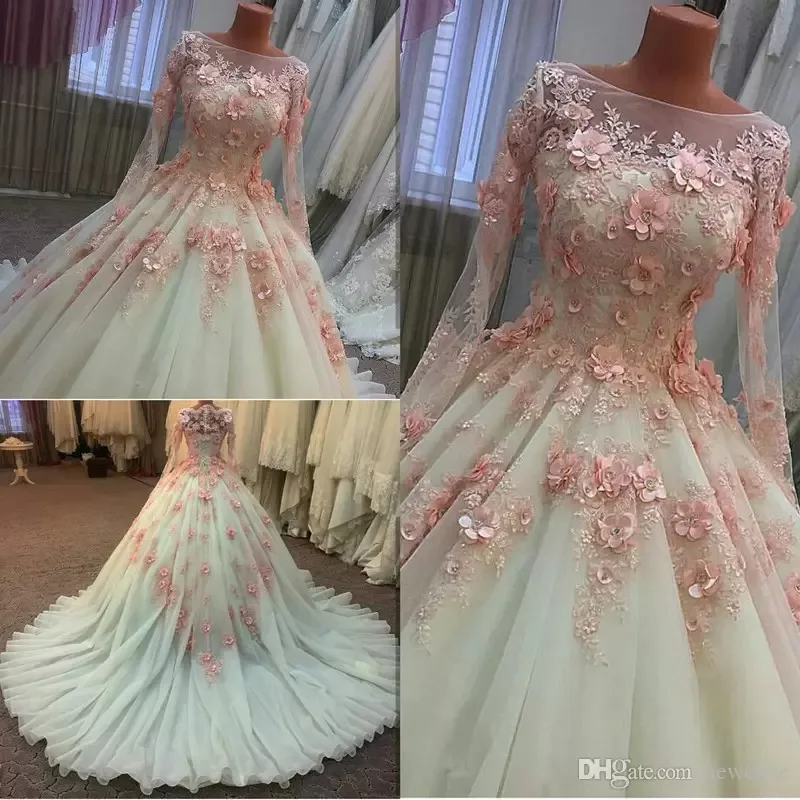 

Beaded 3D Floral Appliques Ball Gown Wedding Dresses Long Sleeve Wedding Dress Plus Size Muslim Bridal Gowns