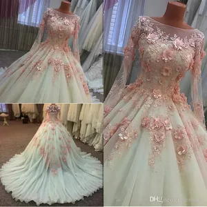 Beaded 3D Floral Appliques Ball Gown Wedding Dresses Long Sleeve Wedding Dress Plus Size Muslim Bridal Gowns