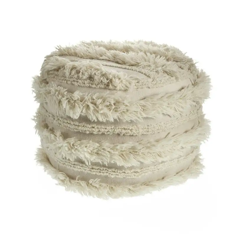 

Aaditri Fluffy Wool Ivory & Cream Indoor Pouf Ottoman, 18" x 18" x 14"