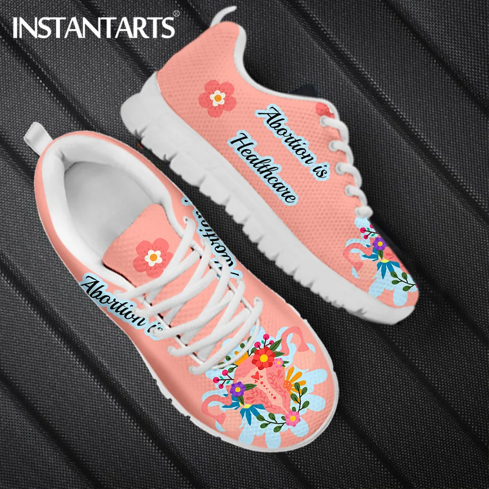

INSTANTARTS Pretty Flower Print Women Lace up Sneakers Abortion is Healthcare Design Lady Flat Shoes Lightweight Sport Footwear