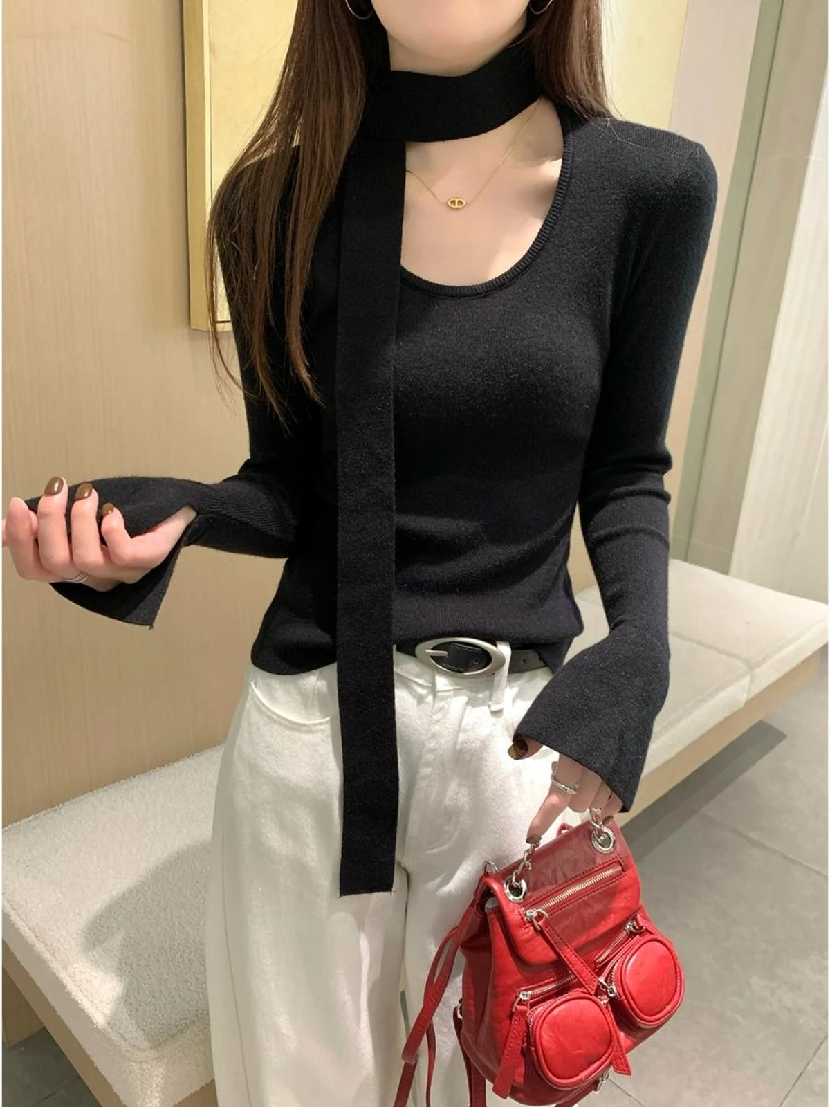 Корейская серия газовая текстура вязаный топ с длинными рукавами зима 2024 новый