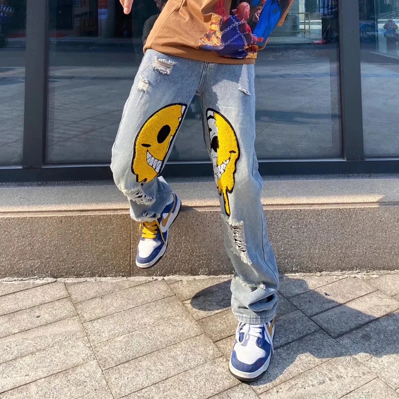 Men's Printed Smiley Embroidery Fashion Ripped Baggy Sweatpant Y2K Clothes Straight Jeans Pants Straight Goth Denim Trousers Man