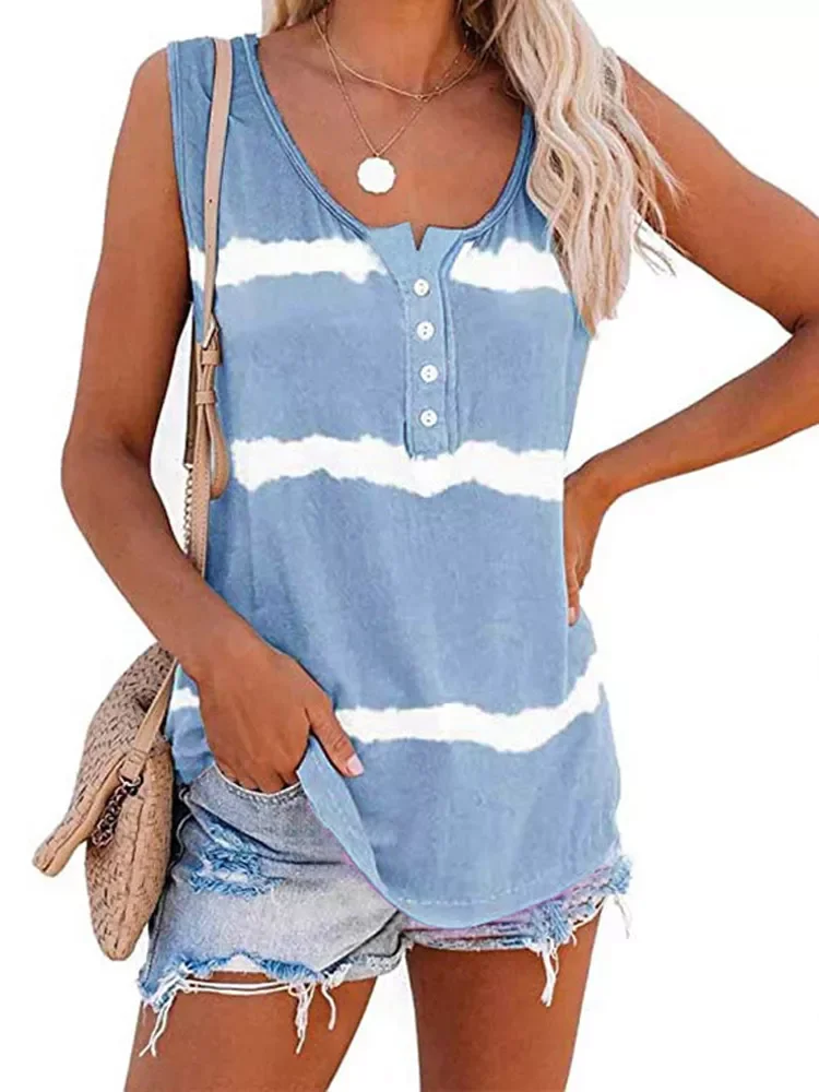 

2023NEW Top Women Summer Casual Sleeveless Round Neck Striped Buttons T-Shirt Womens Clothing Fashion Sexy Beach Ladies Vest