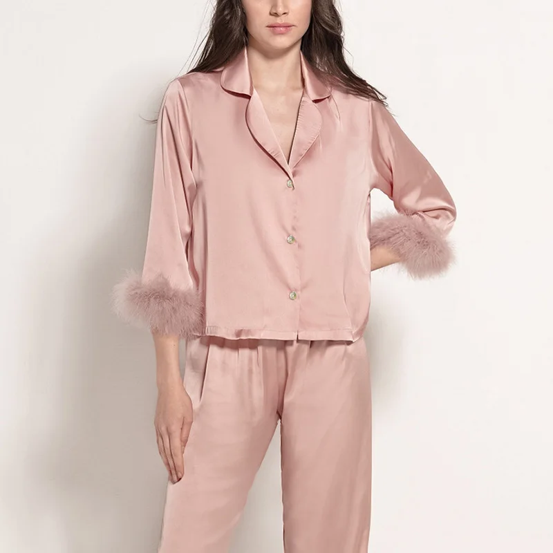 2022 New Seamless Ice Silk Satin Sleepwear Set For Women Fashion Solid Color Feather Sleeve Pajamas Suit Loose Female Homewear