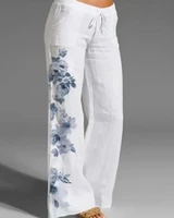 ladies autumn floral print flared pants fashion wide leg casual club long pants elastic waist bodycon trousers pants white