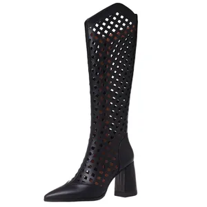 Spring New Ladies Sandals Pointed Toe Platform High Heel Knee Boots Fashion Genuine Leather Zipper Ladies Mesh Boots