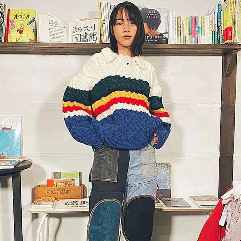 High Street Korean Colorful Striped Twist Knitted Lapel Thick Sweater Unisex Fashion Oversize Tops Pullovers 2022 Fall Winter