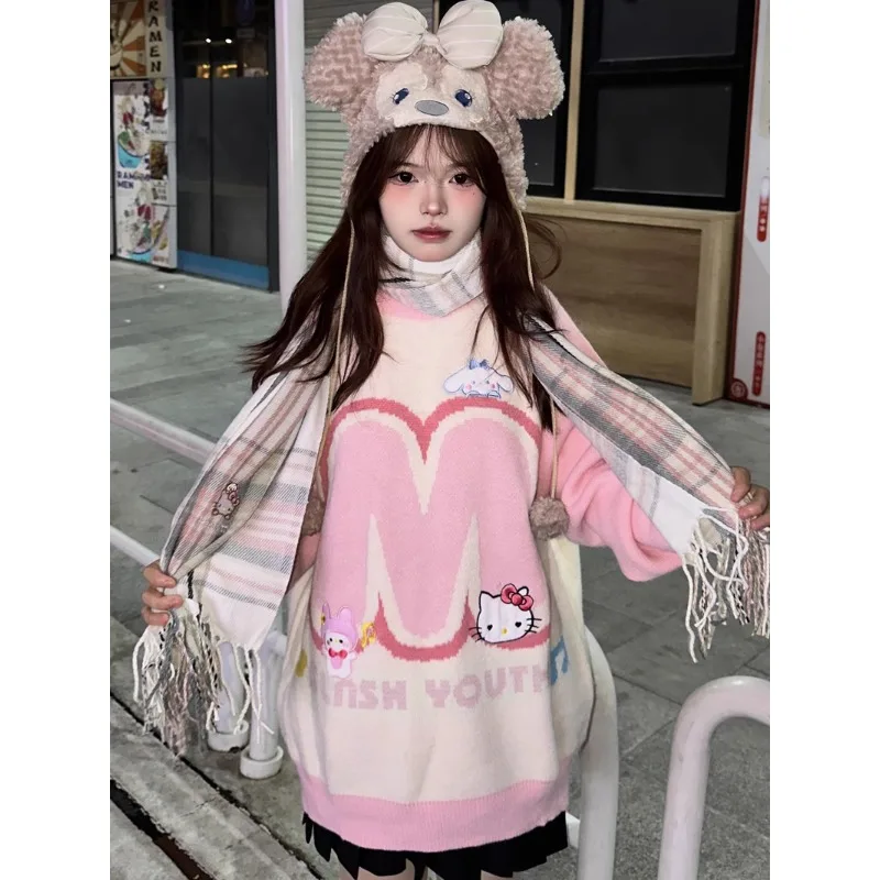 

Kawaii Sanrio Anime Hello Kitty Acrylic Fibers Sweater Cute Cartoon Lovely Jacquard Sweet Color Matching Embroidery for Girls
