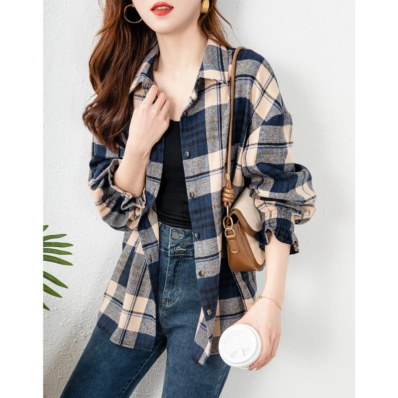 Женская блузка рубашки с длинными рукавами осенняя клетчатая сезонная новая